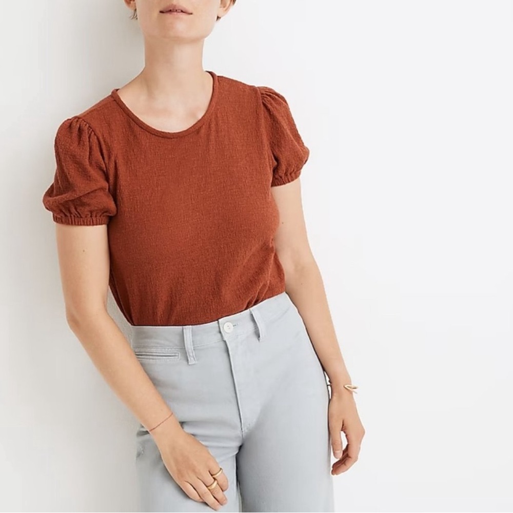 Madewell Superlight Jacquard Puff-Sleeve Tee in Rust